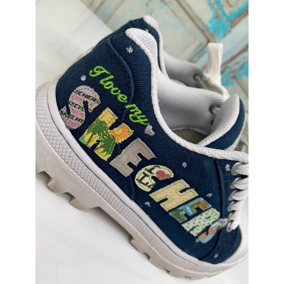 Skechers 8 Navy "I Love My Skechers" Appliqued Walking Canvas Shoes - Picture 2 of 11